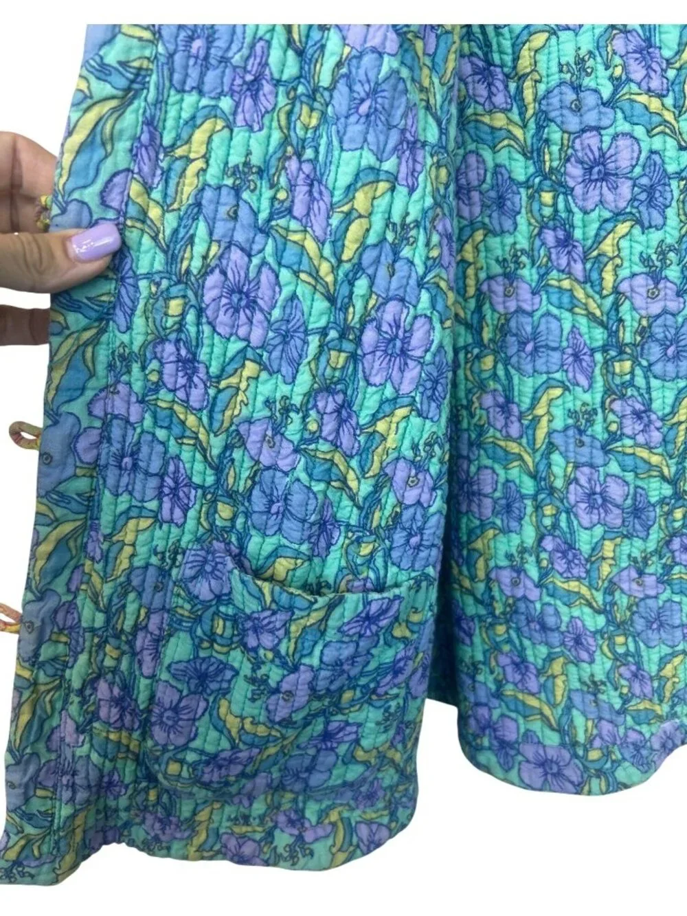 Anu by Natural Reversible Quilted Floral Jacket Yellow Blue Button Artisan